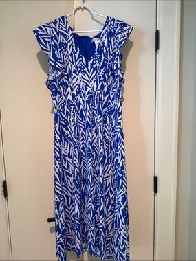 London Times Blue and White Printed Flutter-Sleeve Maxi Dress